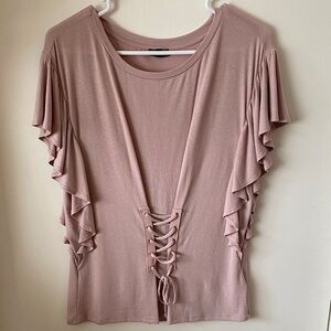 Express Blush Pink  Lace-Up Ruffle Sleeve Blouse